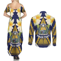 Personalised Nauru Independence Day Couples Matching Summer Maxi Dress and Long Sleeve Button Shirt Coat Of Arms With Plumeria - Polynesian Pride