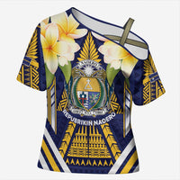 Personalised Nauru Independence Day Cross Shoulder Shirt Coat Of Arms With Plumeria - Polynesian Pride