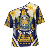 Personalised Nauru Independence Day Cross Shoulder Shirt Coat Of Arms With Plumeria - Polynesian Pride