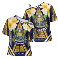 Personalised Nauru Independence Day Cross Shoulder Shirt Coat Of Arms With Plumeria - Polynesian Pride