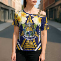 Personalised Nauru Independence Day Cross Shoulder Shirt Coat Of Arms With Plumeria - Polynesian Pride