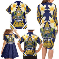 Personalised Nauru Independence Day Family Matching Long Sleeve Bodycon Dress and Hawaiian Shirt Coat Of Arms With Plumeria - Polynesian Pride