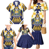Personalised Nauru Independence Day Family Matching Mermaid Dress and Hawaiian Shirt Coat Of Arms With Plumeria LT05 - Polynesian Pride