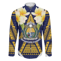 Personalised Nauru Independence Day Family Matching Mermaid Dress and Hawaiian Shirt Coat Of Arms With Plumeria LT05 Dad's Shirt - Long Sleeve Navy - Polynesian Pride