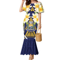 Personalised Nauru Independence Day Family Matching Mermaid Dress and Hawaiian Shirt Coat Of Arms With Plumeria - Polynesian Pride