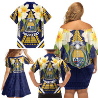 Personalised Nauru Independence Day Family Matching Off Shoulder Short Dress and Hawaiian Shirt Coat Of Arms With Plumeria LT05 - Polynesian Pride