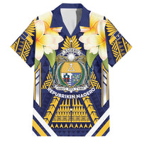 Personalised Nauru Independence Day Family Matching Off Shoulder Short Dress and Hawaiian Shirt Coat Of Arms With Plumeria LT05 Dad's Shirt - Short Sleeve Navy - Polynesian Pride