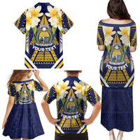 Personalised Nauru Independence Day Family Matching Puletasi and Hawaiian Shirt Coat Of Arms With Plumeria - Polynesian Pride