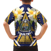 Personalised Nauru Independence Day Family Matching Short Sleeve Bodycon Dress and Hawaiian Shirt Coat Of Arms With Plumeria - Polynesian Pride