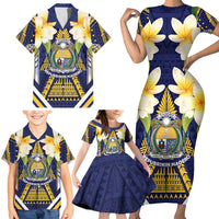 Personalised Nauru Independence Day Family Matching Short Sleeve Bodycon Dress and Hawaiian Shirt Coat Of Arms With Plumeria - Polynesian Pride