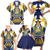 Personalised Nauru Independence Day Family Matching Short Sleeve Bodycon Dress and Hawaiian Shirt Coat Of Arms With Plumeria LT05 - Polynesian Pride