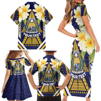 Personalised Nauru Independence Day Family Matching Short Sleeve Bodycon Dress and Hawaiian Shirt Coat Of Arms With Plumeria - Polynesian Pride