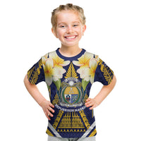 Personalised Nauru Independence Day Kid T Shirt Coat Of Arms With Plumeria LT05 Navy - Polynesian Pride