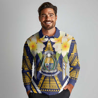 Personalised Nauru Independence Day Long Sleeve Polo Shirt Coat Of Arms With Plumeria - Polynesian Pride
