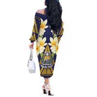 Personalised Nauru Independence Day Off The Shoulder Long Sleeve Dress Coat Of Arms With Plumeria - Polynesian Pride