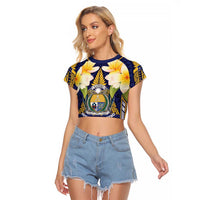 Personalised Nauru Independence Day Raglan Cropped T Shirt Coat Of Arms With Plumeria LT05 Female Navy - Polynesian Pride