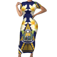 Personalised Nauru Independence Day Short Sleeve Bodycon Dress Coat Of Arms With Plumeria - Polynesian Pride