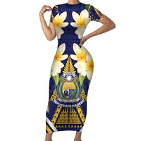 Personalised Nauru Independence Day Short Sleeve Bodycon Dress Coat Of Arms With Plumeria - Polynesian Pride