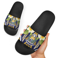 Nauru Independence Day Slide Sandals Coat Of Arms With Plumeria - Polynesian Pride