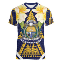 Personalised Nauru Independence Day Women V-Neck T-Shirt Coat Of Arms With Plumeria - Polynesian Pride