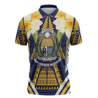 Personalised Nauru Independence Day Zipper Polo Shirt Coat Of Arms With Plumeria - Polynesian Pride