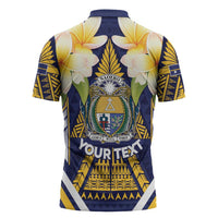 Personalised Nauru Independence Day Zipper Polo Shirt Coat Of Arms With Plumeria - Polynesian Pride