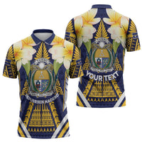 Personalised Nauru Independence Day Zipper Polo Shirt Coat Of Arms With Plumeria - Polynesian Pride