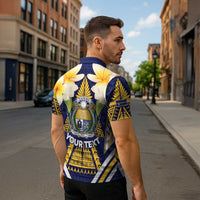 Personalised Nauru Independence Day Zipper Polo Shirt Coat Of Arms With Plumeria - Polynesian Pride