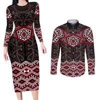 New Zealand Aotearoa Couples Matching Long Sleeve Bodycon Dress and Long Sleeve Button Shirt Red Taniko Art Maori Pattern