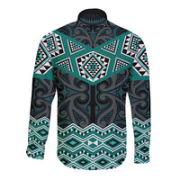 New Zealand Aotearoa Long Sleeve Button Shirt Turquoise Taniko Art Maori Pattern