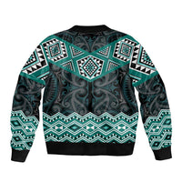 New Zealand Aotearoa Sleeve Zip Bomber Jacket Turquoise Taniko Art Maori Pattern