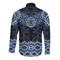 New Zealand Aotearoa Long Sleeve Button Shirt Blue Taniko Art Maori Pattern