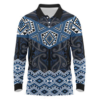 New Zealand Aotearoa Long Sleeve Polo Shirt Blue Taniko Art Maori Pattern