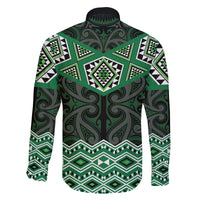 New Zealand Aotearoa Family Matching Off The Shoulder Long Sleeve Dress and Hawaiian Shirt Green Taniko Art Maori Pattern