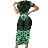New Zealand Aotearoa Family Matching Short Sleeve Bodycon Dress and Hawaiian Shirt Green Taniko Art Maori Pattern