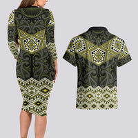 New Zealand Aotearoa Couples Matching Long Sleeve Bodycon Dress and Hawaiian Shirt Yellow Taniko Art Maori Pattern