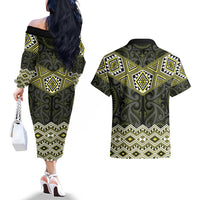 New Zealand Aotearoa Couples Matching Off The Shoulder Long Sleeve Dress and Hawaiian Shirt Yellow Taniko Art Maori Pattern