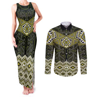 New Zealand Aotearoa Couples Matching Tank Maxi Dress and Long Sleeve Button Shirt Yellow Taniko Art Maori Pattern
