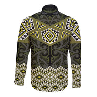 New Zealand Aotearoa Long Sleeve Button Shirt Yellow Taniko Art Maori Pattern