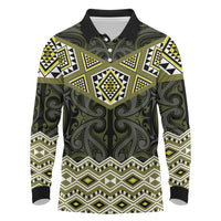 New Zealand Aotearoa Long Sleeve Polo Shirt Yellow Taniko Art Maori Pattern