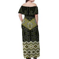 New Zealand Aotearoa Off Shoulder Maxi Dress Yellow Taniko Art Maori Pattern