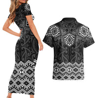 New Zealand Aotearoa Couples Matching Short Sleeve Bodycon Dress and Hawaiian Shirt Black Taniko Art Maori Pattern