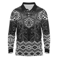 New Zealand Aotearoa Long Sleeve Polo Shirt Black Taniko Art Maori Pattern