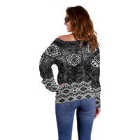 New Zealand Aotearoa Off Shoulder Sweater Black Taniko Art Maori Pattern