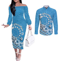 Personalised Penrhyn Gospel Day Couples Matching Off The Shoulder Long Sleeve Dress and Long Sleeve Button Shirt Cook Islands Tribal Pattern