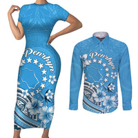 Personalised Penrhyn Gospel Day Couples Matching Short Sleeve Bodycon Dress and Long Sleeve Button Shirt Cook Islands Tribal Pattern