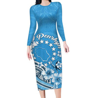 Personalised Penrhyn Gospel Day Long Sleeve Bodycon Dress Cook Islands Tribal Pattern LT05 Long Dress Blue - Polynesian Pride