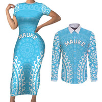 Custom Cook Islands Mauke Couples Matching Short Sleeve Bodycon Dress and Long Sleeve Button Shirt Polynesian Tribal Tattoo