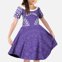 Custom Cook Islands Rarotonga Family Matching Off The Shoulder Long Sleeve Dress and Hawaiian Shirt Polynesian Tribal Tattoo LT05 Daughter's Dress Purple - Polynesian Pride