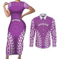 Custom Cook Islands Mangaia Couples Matching Short Sleeve Bodycon Dress and Long Sleeve Button Shirt Polynesian Tribal Tattoo